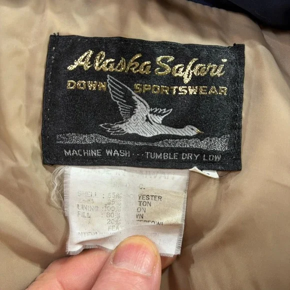 Vintage Alaska Safari Down Jacket Mens L Blue Hooded Puffer Parka Coat 90s Warm